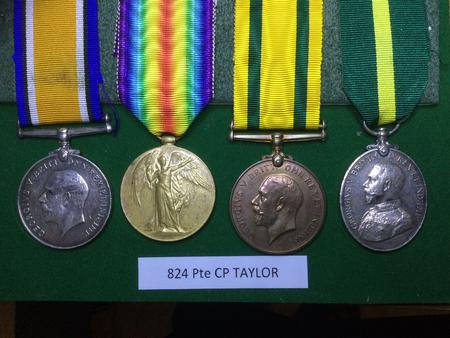 Pte Charles Percy Taylor's medals. R=The British War medal, The Victory Medal. The Territorial Force War medal, The Territorial Force Efficiency Medal.