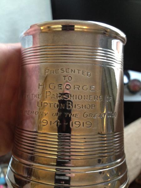 Engraved tankard presented to Pte Harry George by Upton Bishop
