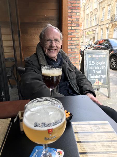 Our guest presenter, David Chambers relaxing with a glass of Wipers Times beer near the Menin Gate