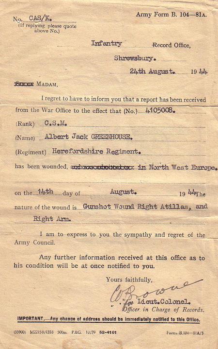 Official notification of Jack's wounding August 1944.