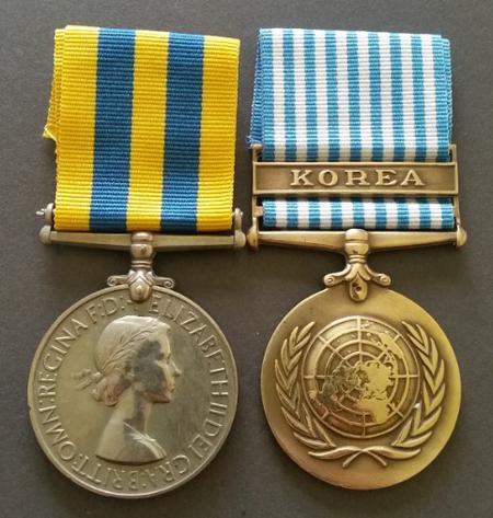 The British and United Nations Korean War medals. Unusual for British medal awards, both medals, issued for the same conflict, are authorised for wear.