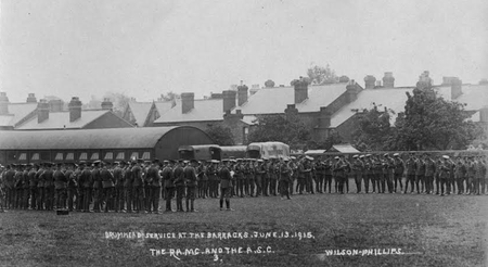 On the formation of the Territorial Force in 1908, units of the Royal Army Medical Corps and Army Service Corps were formed in Herefordshire. This pictures shows those units holding a Drumhead service in Suvla Barracks in probably 1915.
