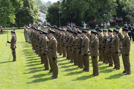 Reservists from 6 Rifles and cadets from C (Rifles) Coy HWACF await inspection at Leominster in 2019