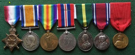 Sjt Maj Harman's medals - 1914/15 Star, British War medal, Victory Medal, WW2 War medal, Territorial Efficiency Medal. 1935 Jubilee Medal, Serbian Gold Award for Bravery.