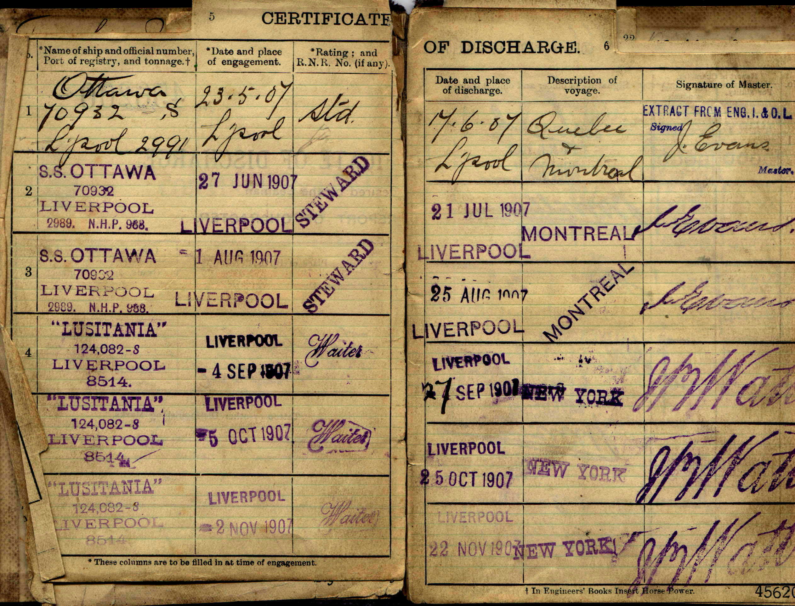 An extract from Charles Percy Taylor seaman's record book.