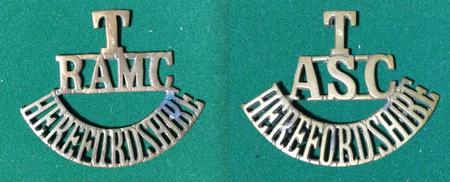 Rare shoulder titles of belonging to Herefordshire elements of the Welsh Borders Brigade Field Ambulance, Royal Army Medical Corps and the Welsh Borders Brigade Horse Transport Company, Army Service Corps.