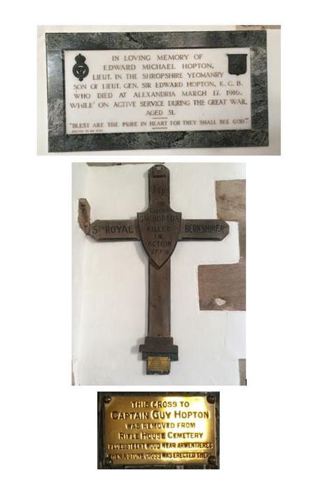 Memorials to Lt Gen Hopton's 2 sons killed in World War One in Stretton Grandison Church.