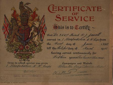 Certificate of service for Pte WJ Jessett - Harry's father. These certificates were issued to members of the Rifle Volunteer Corps on its disbandment and the formation of the Territorial Force.